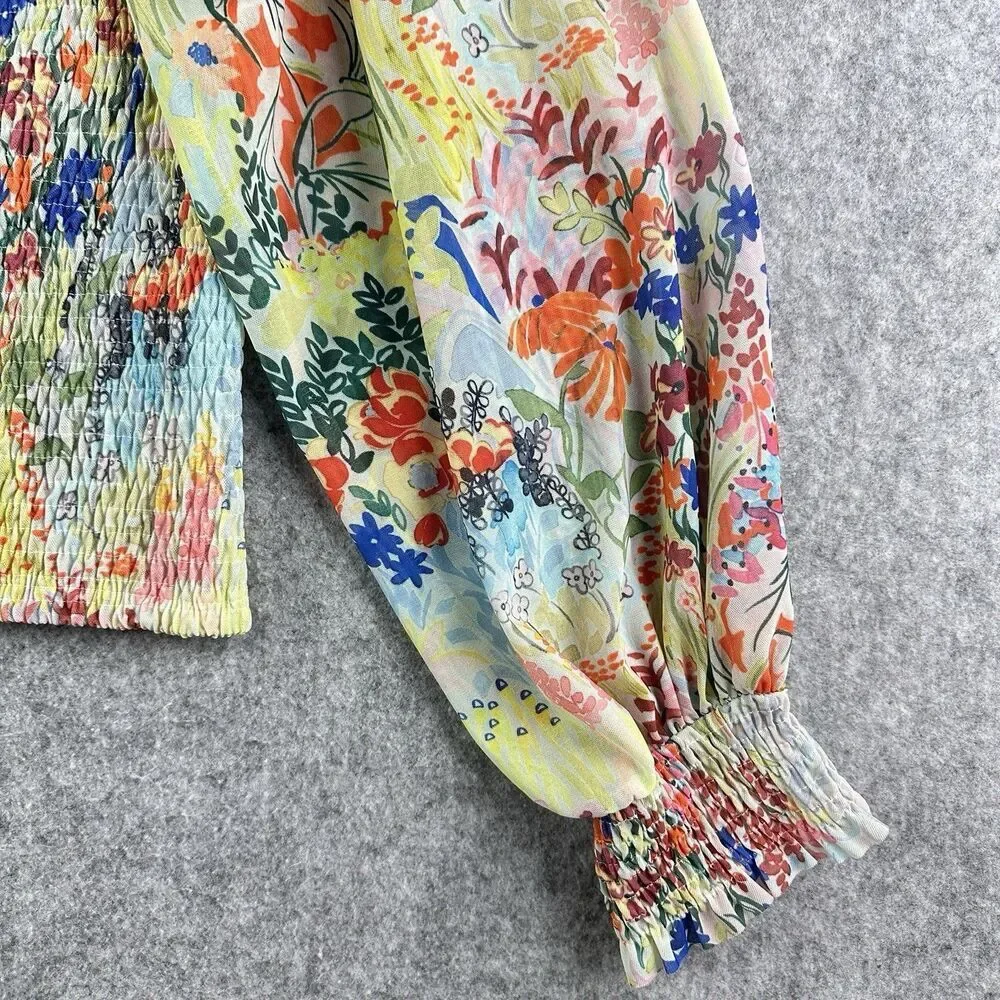 Anthropologie Rouen Smocked Top Womens M Long Sleeve Floral Boho Colorful 2-Way